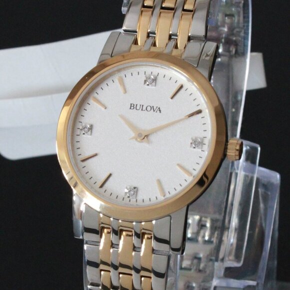 Bulova Accessories - Bulova Ladies Sutton Classic Quartz Watch Four Diamond Accents Two Tone 27mm